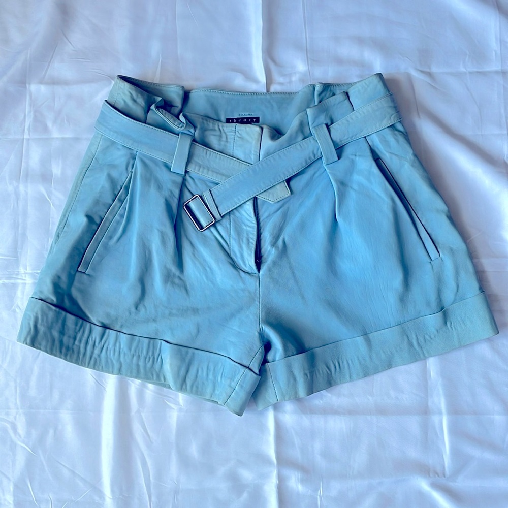 Theory light blue leather shorts